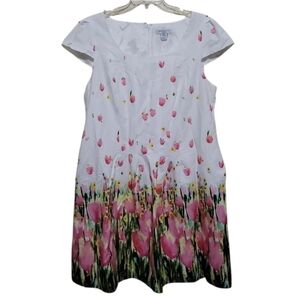 Liz Claiborne Spring Lined White Floral Short Sleeve Dress Size 14W